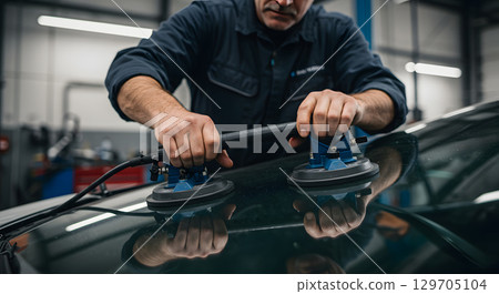 Car repair technician using suction cups 129705104