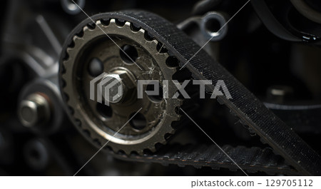 Close up of mechanical gear and belt system, showcasing intricate details and textures Close up of mechanical gear and belt system, showcasing intricate details and textures 129705112
