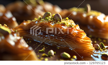 Delicious baklava with intricate layers and pistachio topping Delicious baklava with intricate layers and pistachio topping 129705123