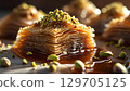 Delicious baklava with intricate layers and pistachio topping, sweet delight! 129705125