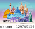 Rome famous landmarks collage. The modern art design from best views of Rome, Ital at Europe. 129705134
