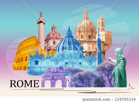 Rome famous landmarks collage. The modern art design from best views of Rome, Ital at Europe. 129705134