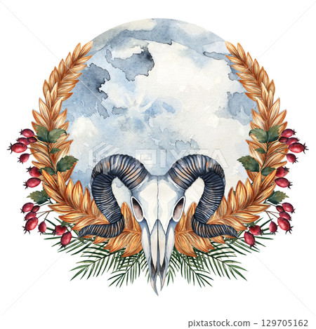 Ram skull with horns framed by wheat wreath, rosehip branches, pine twigs and moon background, painted in watercolor. Perfect for mystical, gothic, pagan, rustic and fantasy-themed designs and decor Ram skull with horns framed by wheat wreath, rosehip branches, pine twigs and moon background, painted in watercolor. Perfect for mystical, gothic, pagan, rustic and fantasy-themed designs and decor 129705162