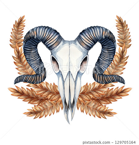 Ram skull with curved horns framed by a wreath of wheat, watercolor. Ideal for boho decor, rustic designs, prints, invitations, mystical and fantasy themes, pagan and nature-inspired projects 129705164