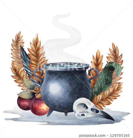 Steaming witch cauldron with potion, crow skull, apple branch and wheat, watercolor. Great for mystical art, witchcraft themes, Halloween decor, cards, pagan rituals, fantasy illustrations and prints Steaming witch cauldron with potion, crow skull, apple branch and wheat, watercolor. Great for mystical art, witchcraft themes, Halloween decor, cards, pagan rituals, fantasy illustrations and prints 129705165