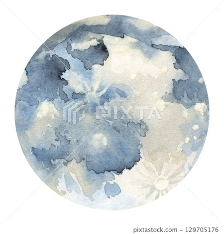 Watercolor illustration of a full moon with craters. Perfect for night sky themes, astrology, witchcraft, celestial designs, posters, fantasy projects, and mystical artwork 129705176