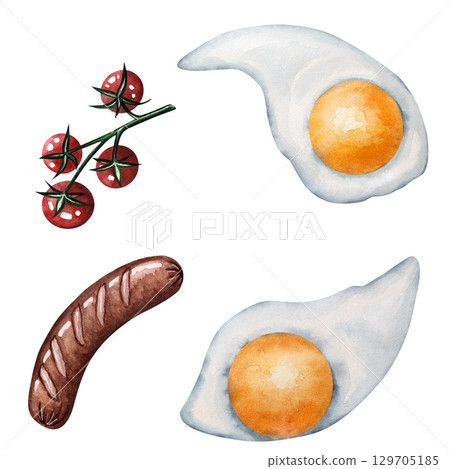 Breakfast watercolor set with two fried eggs, sausage, cherry tomatoes branch for kitchen, cage, restaurant, menu design, decor 129705185