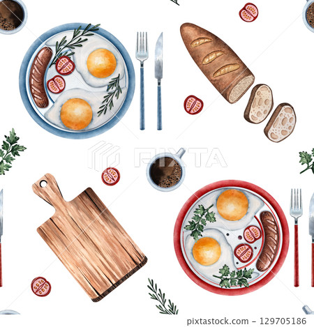 Breakfast watercolor seamless pattern fried eggs, sausage, cutting board, toast, tomatoes, coffee, plate, garlic, illustration 129705186