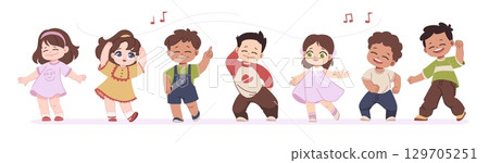 Kid party celebration. Music children, toddler boy and girl child characters in happy diverse school group. Fun dancers smiling faces, friendship. Vector cartoon flat isolated people Kid party celebration. Music children, toddler boy and girl child characters in happy diverse school group. Fun dancers smiling faces, friendship. Vector cartoon flat isolated people 129705251