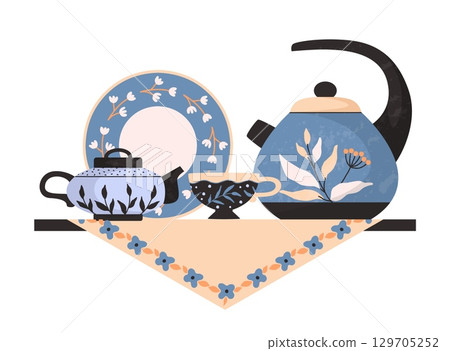 Kettle composition on shelf. Ceramic and pottery products. Cute cup and plate. Utensil design. Tea crockery, decorative dishware. Cozy pattern on kitchenware. Vector cartoon illustration Kettle composition on shelf. Ceramic and pottery products. Cute cup and plate. Utensil design. Tea crockery, decorative dishware. Cozy pattern on kitchenware. Vector cartoon illustration 129705252