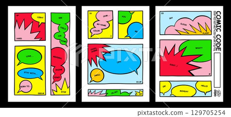 Comic bubbles. Speech shape in poster or sticker. Chat conversation layout. Hand drawn modern cover. Dialog borders. Pop art design. Communication empty frame. Vector manga pages set Comic bubbles. Speech shape in poster or sticker. Chat conversation layout. Hand drawn modern cover. Dialog borders. Pop art design. Communication empty frame. Vector manga pages set 129705254