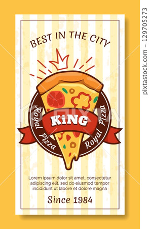 Pizza logo. Pizzeria flyer design. Italian food. Restaurant order. Bakery meal marketing. Express delivery marketing leaflet. Baked pepperoni. Vector cafe advertising banner template 129705273