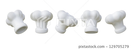 3d chef hat. Kitchen food icon, cartoon restaurant baker head cup or realistic cooker toque. White kitchenware accessory, headwear different side view. Vector render isolated illustration 129705279