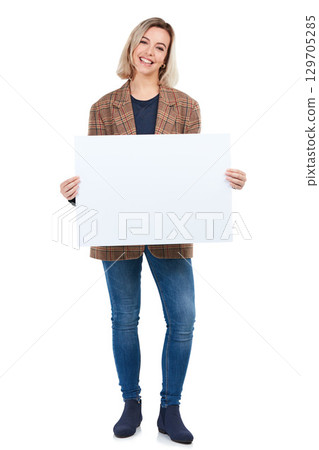 Portrait, poster and woman with sign for mockup, marketing or advertising space in studio isolated on a white background. Branding, product placement and female with banner for mock up or promotion. 129705285