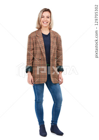 Beauty, fashion and portrait of woman on a white background with casual, trendy and stylish clothes. Fashion model, smile and female isolated in studio with confident, happy attitude and classy style 129705302
