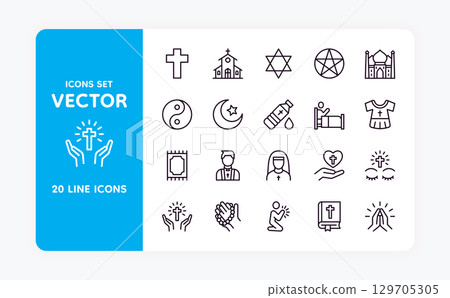 Religion icons. Line prayer symbol. Praying hand gesture. Bible book. Christian faith. Charity volunteering. Catholic cross. Jewish David star. Buddhism yin yang sign. Vector strokes set Religion icons. Line prayer symbol. Praying hand gesture. Bible book. Christian faith. Charity volunteering. Catholic cross. Jewish David star. Buddhism yin yang sign. Vector strokes set 129705305