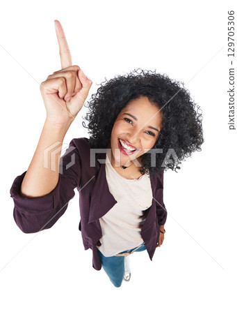 Top view, black woman and pointing with smile, mockup and girl isolated on white studio background. African American female, lady or gesture for space, marketing or person with happiness on backdrop Top view, black woman and pointing with smile, mockup and girl isolated on white studio background. African American female, lady or gesture for space, marketing or person with happiness on backdrop 129705306