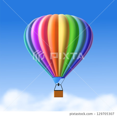 Realistic airship balloon. Colorful rainbow colors striped dome aerostat with basket in blue sky under clouds. Air transport and entertainment. Flying vehicle. Vector 3d illustration 129705307