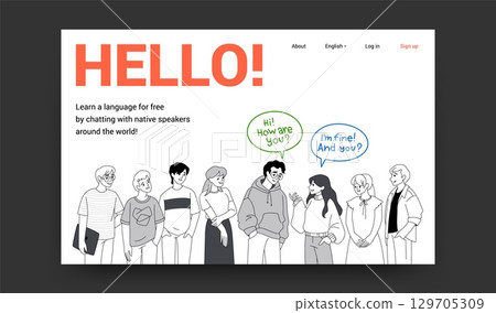 Person speak English. Language learning. Education course landing page. Global chatting. Speakers communication. Conversation or pronunciation. Students grammar. Vector website design 129705309