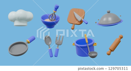 Cooking icons. 3D chef accessory. Kitchen utensil for restaurant. Appliance tool. Food plate and meal knife. Cute cooker spatula. Frying pan and saucepan. Vector plastic objects set 129705311
