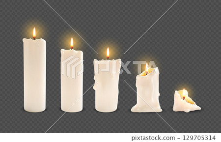 3d candle. Memorial candlelight. Realistic wax lit or fire glow. Burning stages. Melting sticks with beeswax drips. Paraffin decoration on transparent background. Vector light objects set 129705314