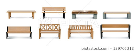 3d bench. Wood garden chair. Modern wooden park furniture or realistic seat. Plank sofa for sitting. Relaxation in park. Street armchair. Outdoor couch. Vector cityscape objects set 129705318