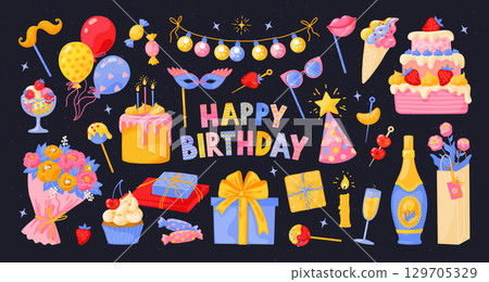 Birthday party. Happy doodle celebrate, cute retro gift or cool surprise invitation. Sweet birthday bakery. Present boxes, cake with candles and flowers. Vector cartoon flat isolated set 129705329