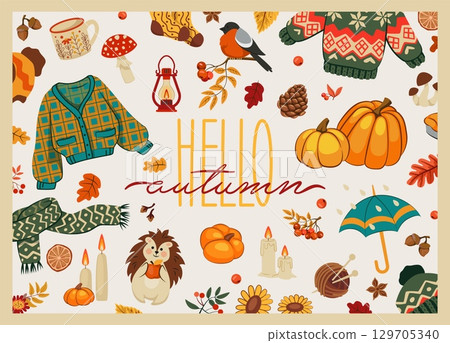 Cute autumn set. Cozy sweater, pumpkin harvest and forest animals, hello fall card or poster lettering, background design. mushroom and yellow leaves. Vector cartoon isolated illustration 129705340