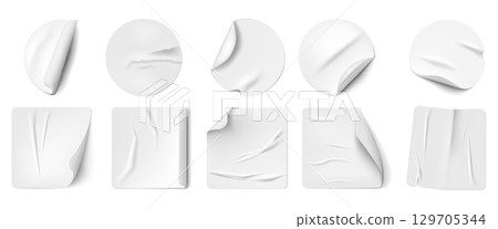 Stickers mockup set. Round adhesive label, blank transparent realistic icon or white crumpled sticky paper. 3d price tag. Curved corner promotion emblem, vector empty isolated mock up 129705344
