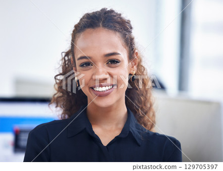 Black business woman, smile portrait and success for leadership management, goals vision and happiness in office. African woman, corporate manager and happy face, positive mindset or trust motivation Black business woman, smile portrait and success for leadership management, goals vision and happiness in office. African woman, corporate manager and happy face, positive mindset or trust motivation 129705397