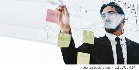 Planning, brainstorming and businessman writing a schedule, idea and strategy on sticky note at work. Innovation, agenda and corporate employee with a goal, notes and ideas on a board for a solution Planning, brainstorming and businessman writing a schedule, idea and strategy on sticky note at work. Innovation, agenda and corporate employee with a goal, notes and ideas on a board for a solution 129705414