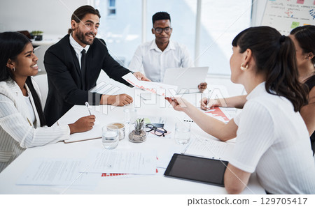 Business, people and strategy meeting for planning with graph statistics for professional data assessment. Corporate company employees in office for information analysis, teamwork and innovation. 129705417