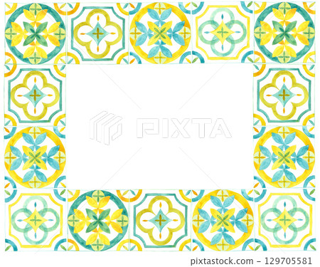 Horizontal frame made of Italian yellow and blue tiles. Watercolor hand-drawn illustration. Template for design 129705581