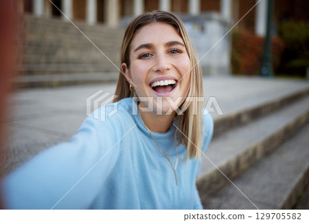 Student, selfie and girl with a smile of education building stairs with happiness for social media. Happy, woman and school of a person on university, college and campus steps on a phone with youth 129705582