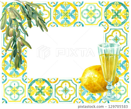 Horizontal frame of Italian yellow and blue tiles with olive branch, lemon and liqueur glass. Hand drawn watercolor illustration. Design template Horizontal frame of Italian yellow and blue tiles with olive branch, lemon and liqueur glass. Hand drawn watercolor illustration. Design template 129705583