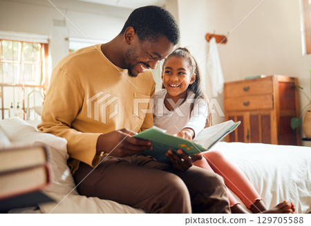Black family, father reading to child and bonding love, storytelling and language learning in bedroom. Happy people, dad and girl kid with book for creative knowledge, education and home teaching 129705588