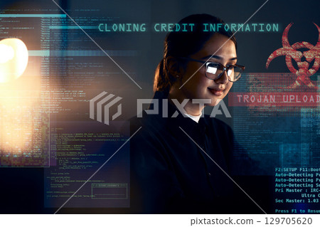 Cyber security, hacker and night with woman and coding for software, digital transformation and phishing. Cloud computing, matrix and website with programmer for password, technology or data hacking 129705620