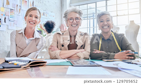 Design team, portrait and business meeting of a fashion marketing group happy about store success. Ecommerce, designer sales and diversity of people planning a online shopping strategy with a smile 129705652