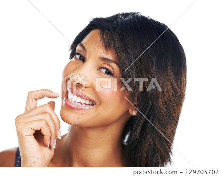Dental, smile and beauty with portrait of black woman for oral hygiene, teeth whitening and cosmetics. Wellness, transformation and health with isolated face of lady for self care, glow and cleaning Dental, smile and beauty with portrait of black woman for oral hygiene, teeth whitening and cosmetics. Wellness, transformation and health with isolated face of lady for self care, glow and cleaning 129705702