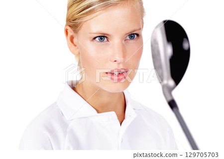 Woman, face and golf with sport and focus with golf club, motivation with fitness isolated on white background. Wellness, dream and exercise with golfer, athlete and sport in studio with lifestyle Woman, face and golf with sport and focus with golf club, motivation with fitness isolated on white background. Wellness, dream and exercise with golfer, athlete and sport in studio with lifestyle 129705703