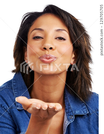 Black woman, portrait or blowing kiss on isolated white background in love, care or romance gesture. Happy smile, model or hand kisses on mockup studio backdrop in flirty facial expression or emoji 129705705