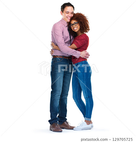 Love, interracial and couple hug portrait for care, romance and happiness together for advertising. Happy asian man and black woman in romantic relationship on isolated white background for mockup. 129705725