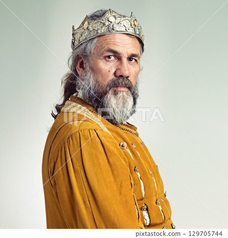 King, crown with senior man and portrait, history with renaissance and royalty isolated on white background. Vintage, medieval and worship, face and male monarch mockup with gold and cosplay King, crown with senior man and portrait, history with renaissance and royalty isolated on white background. Vintage, medieval and worship, face and male monarch mockup with gold and cosplay 129705744