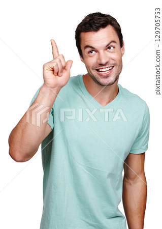 Idea, thinking and man pointing hand with excited smile for happiness with strategy in studio. Confident brainstorming and ideas of happy model contemplating on isolated white background. 129705753