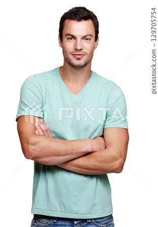 Portrait, smile and man with arms crossed in studio isolated on a white background looking happy. Pride, cool and modern model male posing in casual clothes for trendy style and positive mindset Portrait, smile and man with arms crossed in studio isolated on a white background looking happy. Pride, cool and modern model male posing in casual clothes for trendy style and positive mindset 129705754