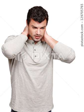 Neck pain injury, problem and studio man with emergency crisis, fibromyalgia or inflammation. Medical healthcare risk, anatomy and hurt young model with muscle strain accident on white background 129705765