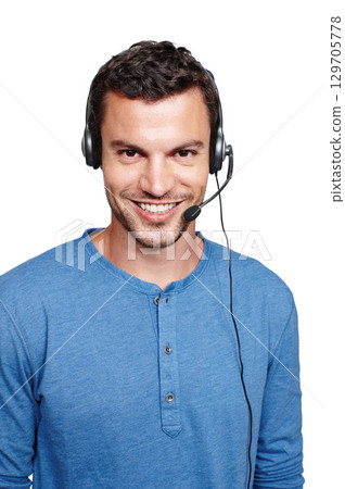 Customer support communication, studio portrait and man talk on contact us CRM, telemarketing or call center. Telecom microphone, happy customer service and consultant consulting on white background 129705778