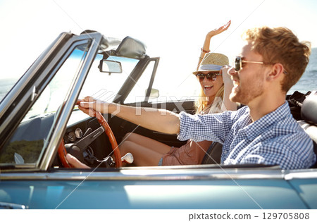 Car road trip, travel and fun couple on bonding holiday adventure, transportation journey or outdoor summer vacation. Love flare, convertible vehicle and driver driving on Australia countryside tour Car road trip, travel and fun couple on bonding holiday adventure, transportation journey or outdoor summer vacation. Love flare, convertible vehicle and driver driving on Australia countryside tour 129705808