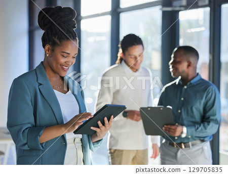 Digital tablet, office and professional black woman researching for corporate project with internet. Technology, business and African female employee working on report with mobile device in workplace 129705835
