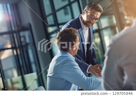 Partnership, discussion and business men in meeting for marketing strategy, ideas and planning project. Teamwork, communication and group of employees in discussion for our vision, target and goals 129705846